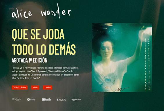 Pantallazo desarrollo de La página web cantante Alice Wonder